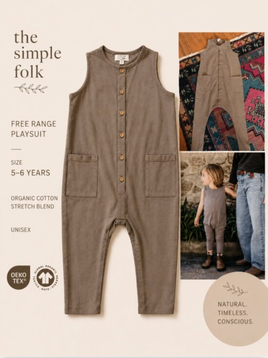 The Simple Folk Other - The Simple Folk Free Range Playsuit Organic Cotton Brown Jumpsuit 5-6Y